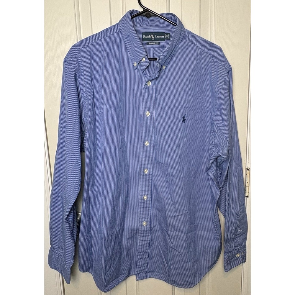 Polo Ralph Lauren Classic Fit Striped Shirt Blue White Mens XL 17 34/35 Long Slv